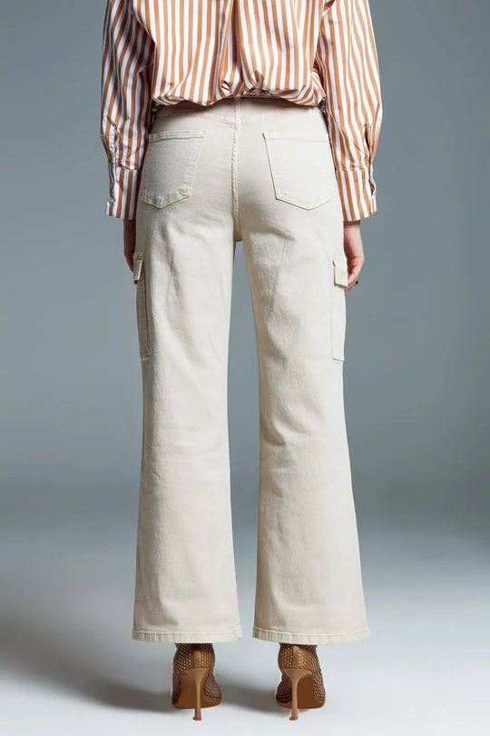 Straight Leg Cargo Jeans in Beige - Colored Jeans