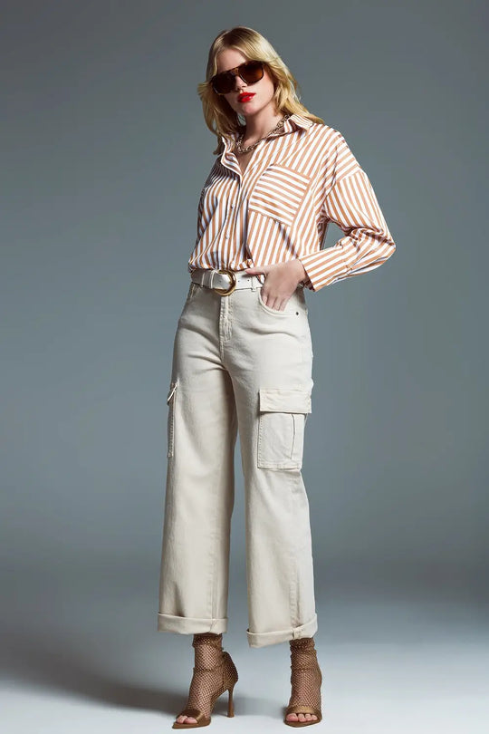 Straight Leg Cargo Jeans in Beige - Colored Jeans
