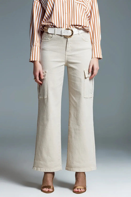 Straight Leg Cargo Jeans in Beige - Colored Jeans