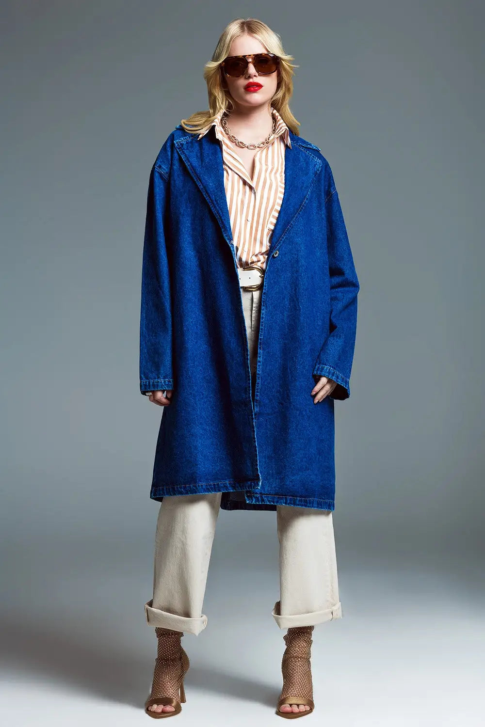 Oversized Denim Coat With Wide Collar in Mid Wash - Jackets