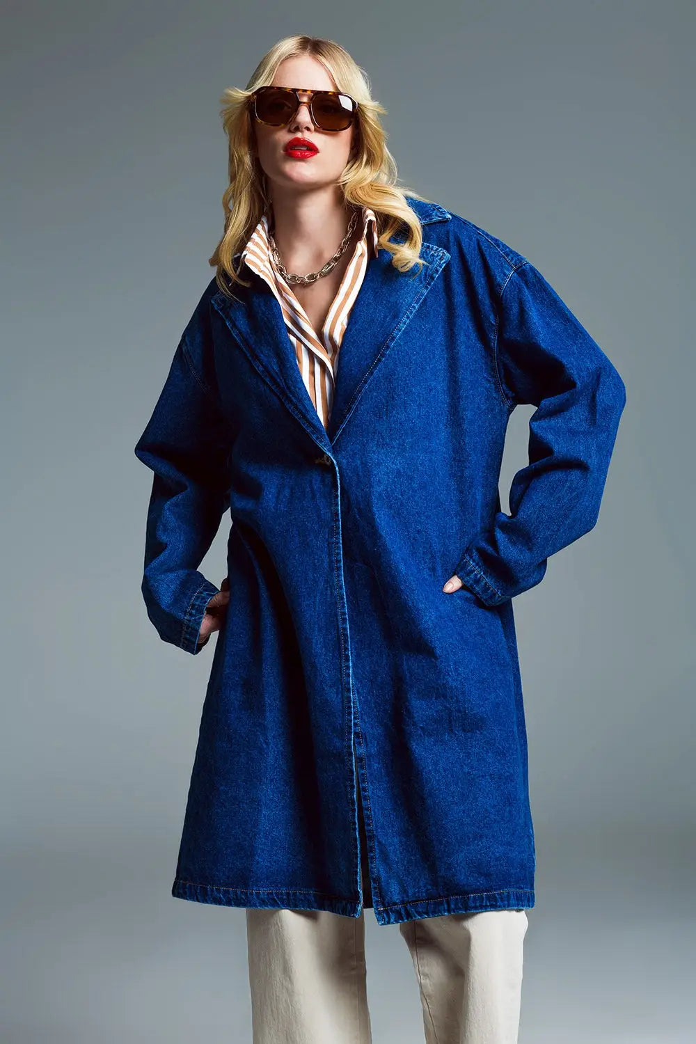 Oversized Denim Coat With Wide Collar in Mid Wash - Jackets