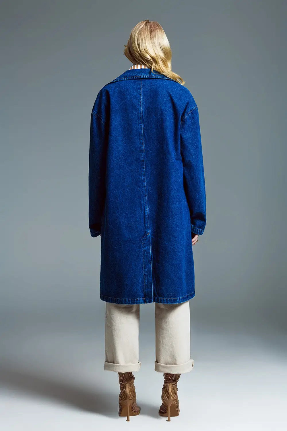 Oversized Denim Coat With Wide Collar in Mid Wash - Jackets