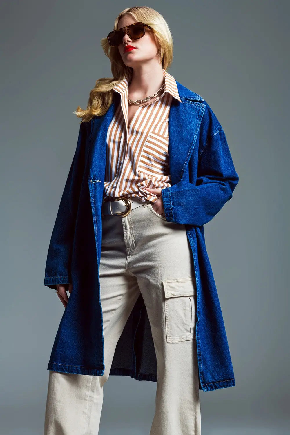 Oversized Denim Coat With Wide Collar in Mid Wash - Jackets