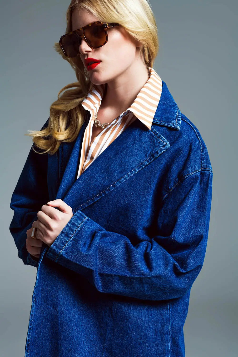 Oversized Denim Coat With Wide Collar in Mid Wash - Jackets