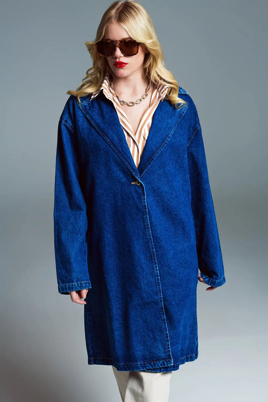 Oversized Denim Coat With Wide Collar in Mid Wash - Jackets