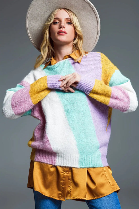 Relaxed Multicolor Diagonal Stripe Sweater With Boat Neck in Pastel Colors - BEIGE / ONE - Sweaters