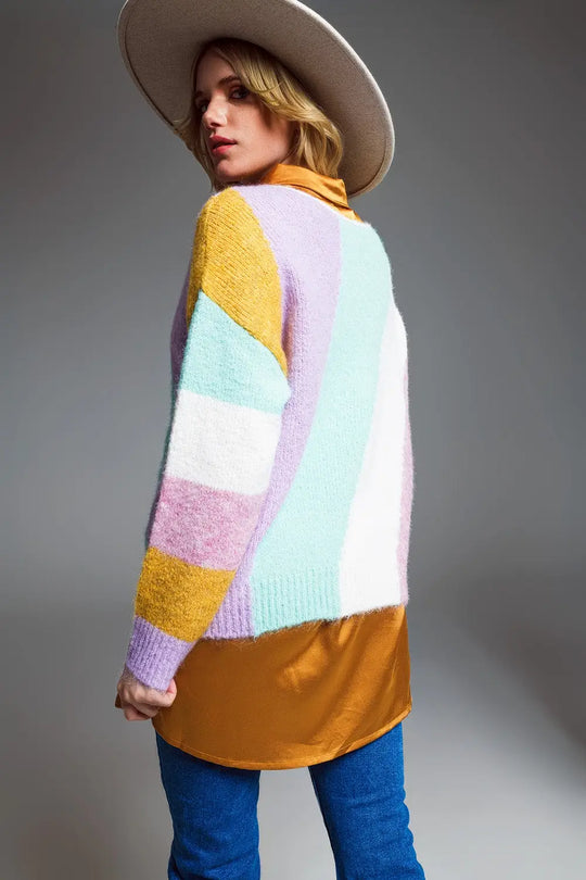 Relaxed Multicolor Diagonal Stripe Sweater With Boat Neck in Pastel Colors - BEIGE / ONE - Sweaters