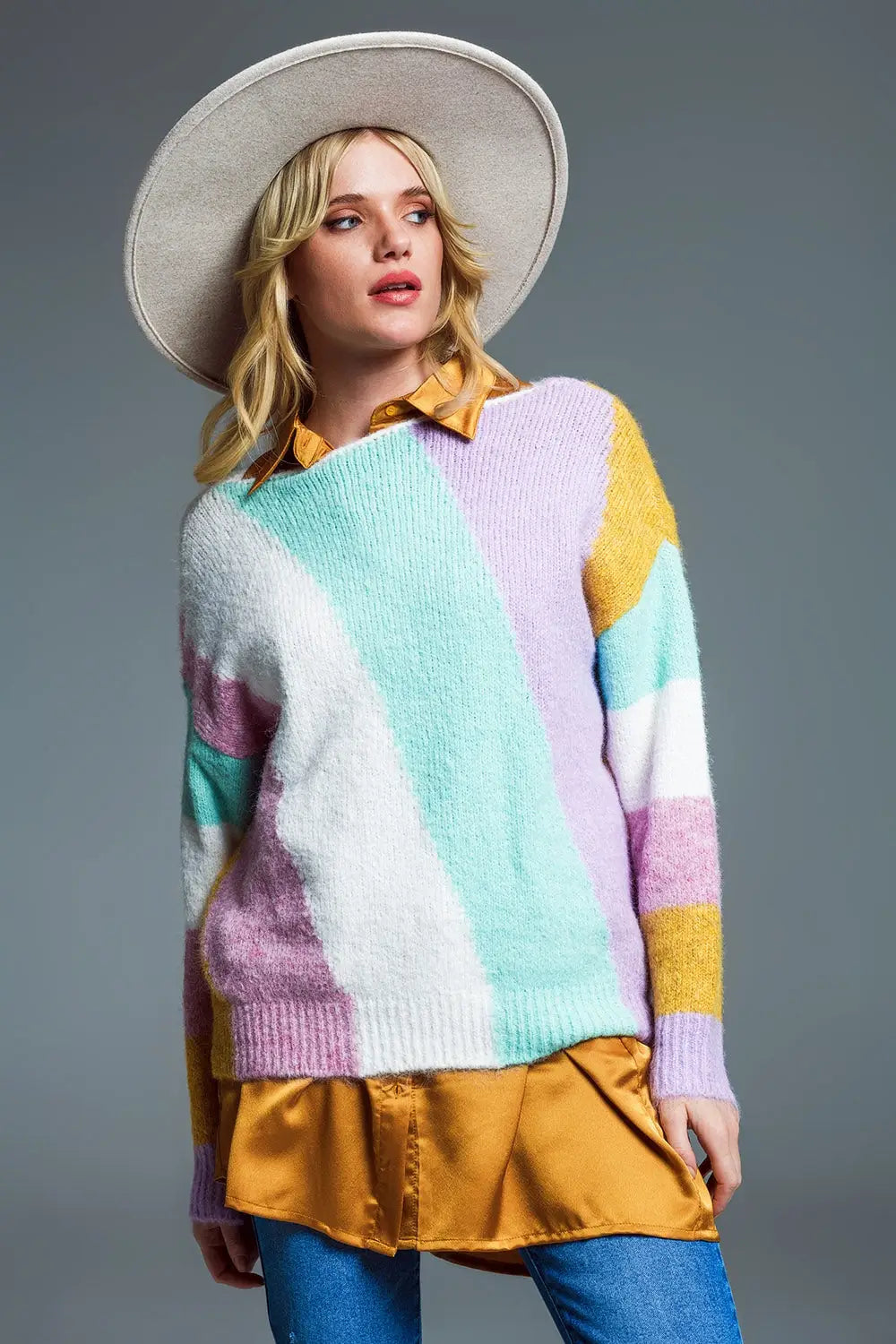 Relaxed Multicolor Diagonal Stripe Sweater With Boat Neck in Pastel Colors - BEIGE / ONE - Sweaters