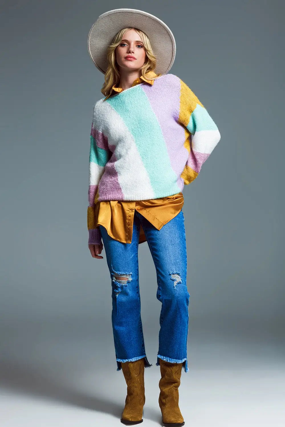 Relaxed Multicolor Diagonal Stripe Sweater With Boat Neck in Pastel Colors - BEIGE / ONE - Sweaters