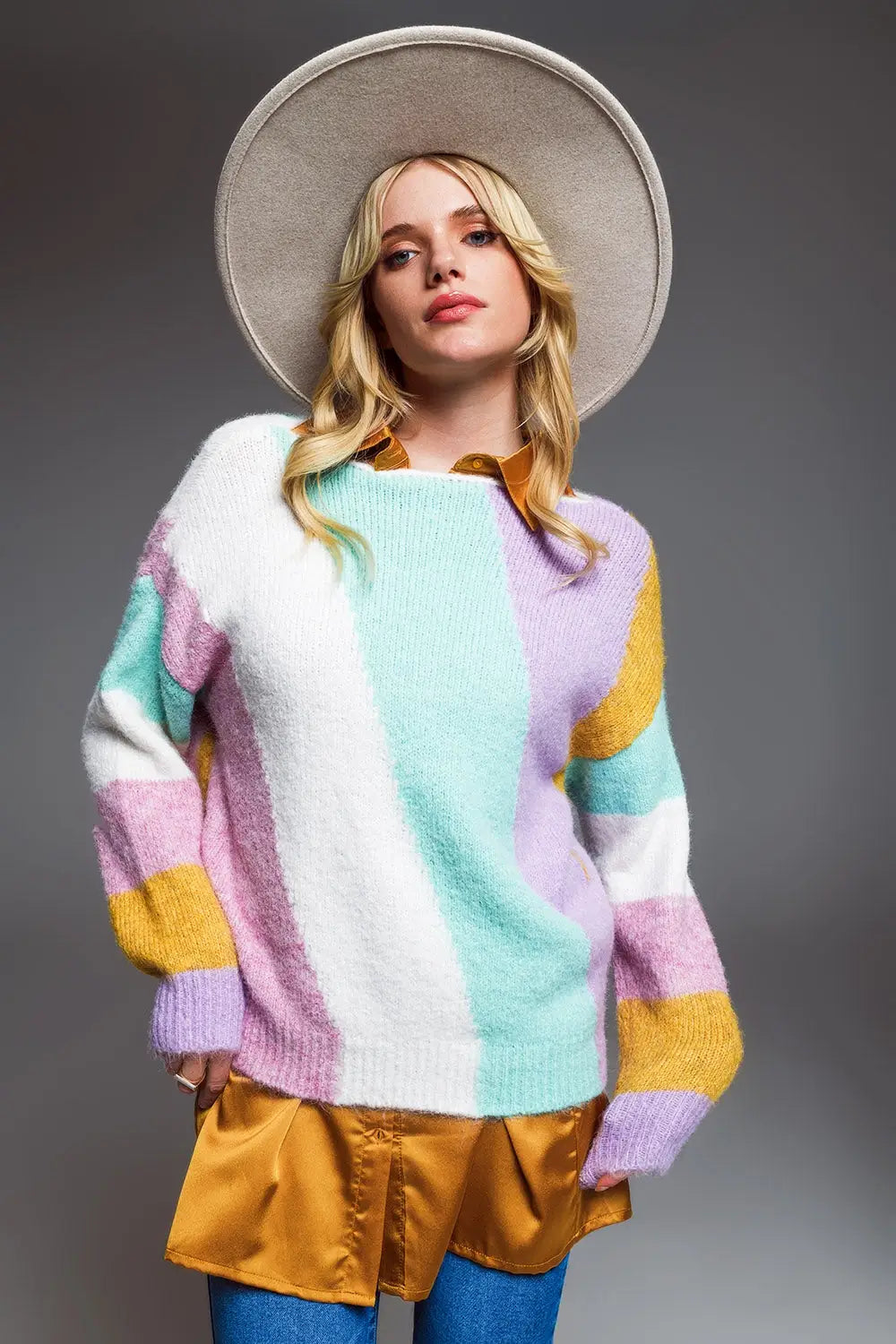 Relaxed Multicolor Diagonal Stripe Sweater With Boat Neck in Pastel Colors - BEIGE / ONE - Sweaters