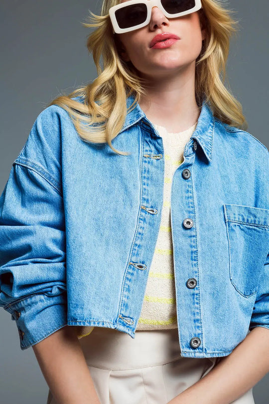 Basic cropped denim jacket in light blue With Chest Pocket - Jackets