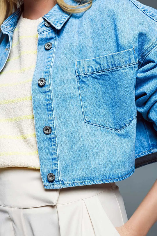Basic cropped denim jacket in light blue With Chest Pocket - Jackets