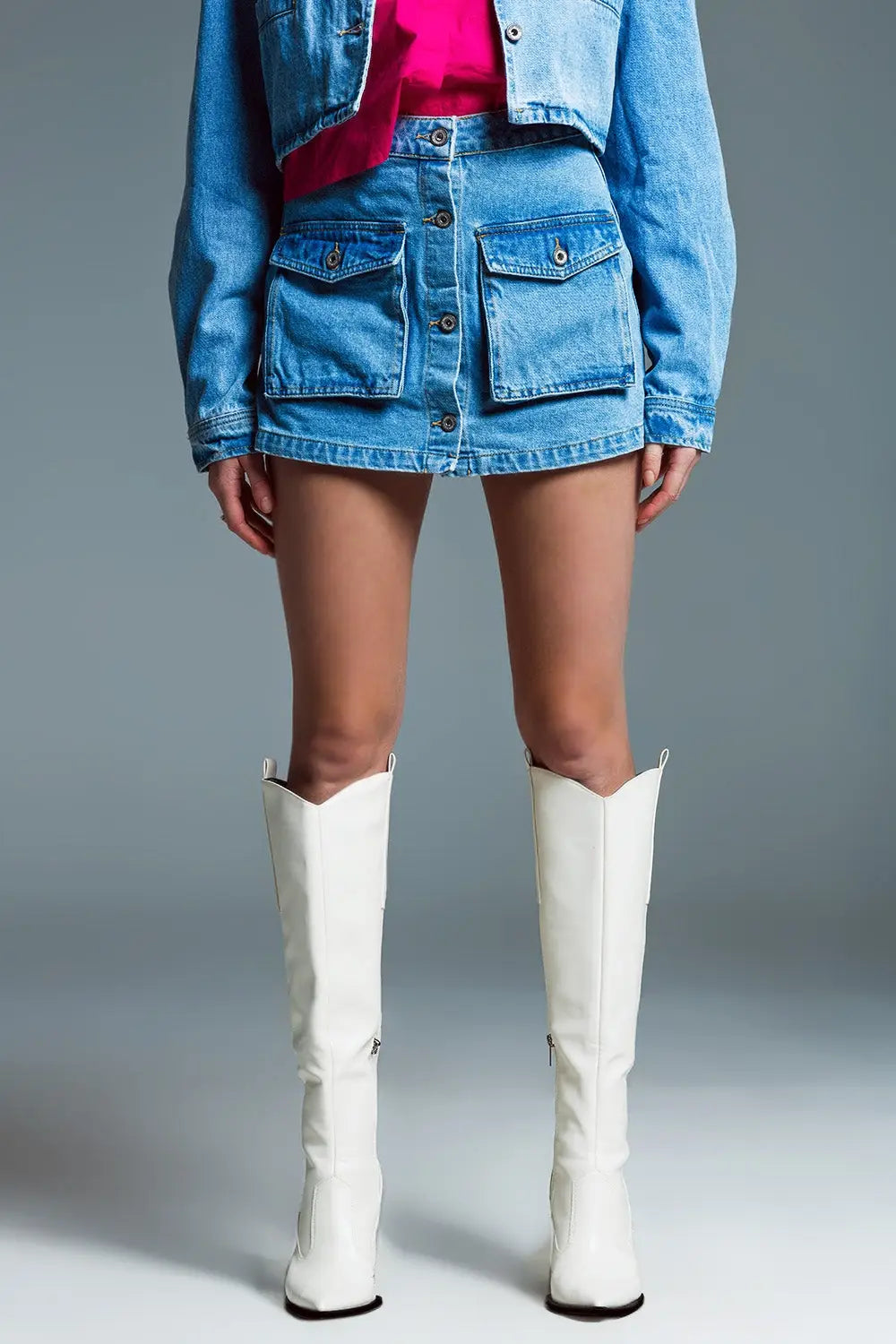 Denim cargo mini short with front buttoning in light wash - Skirts