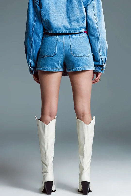 Denim cargo mini short with front buttoning in light wash - Skirts