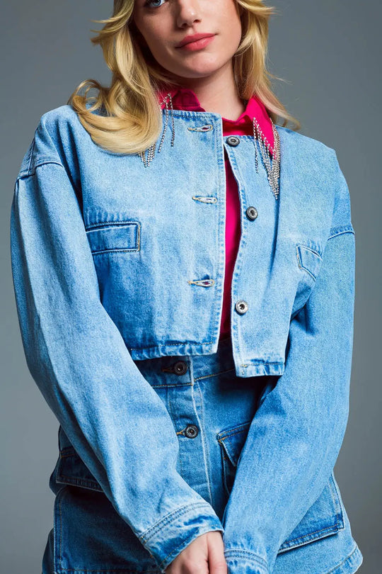 cropped relaxed denim jacket with chest welt pockets in light wash - Jackets