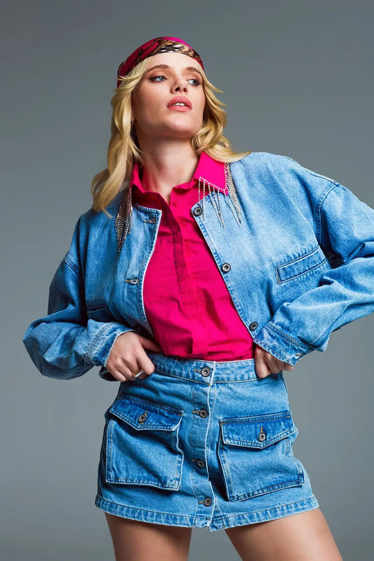 cropped relaxed denim jacket with chest welt pockets in light wash - Jackets