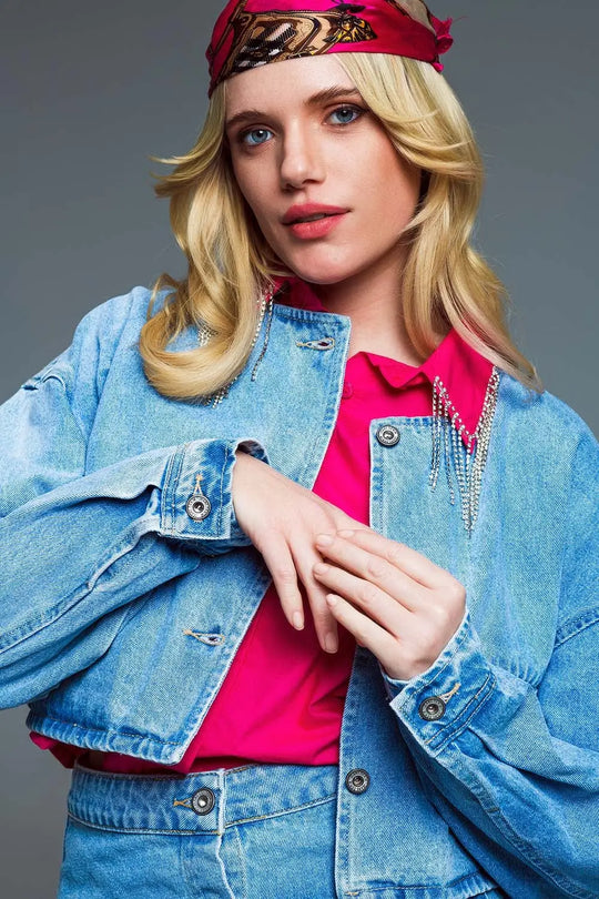 cropped relaxed denim jacket with chest welt pockets in light wash - Jackets