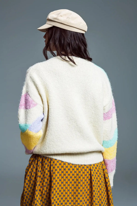 Relaxed V-neckline Sweater Beige With Abstract Stripes in Pastel Colors - BEIGE / ONE - Sweaters
