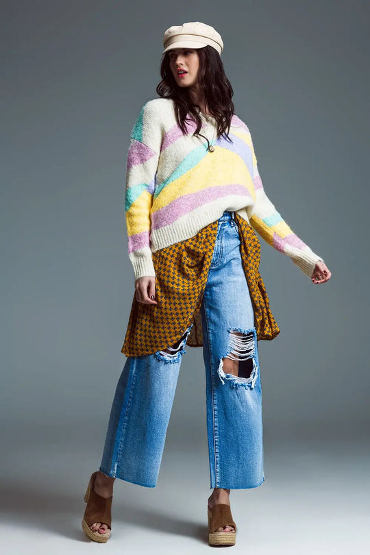 Relaxed V-neckline Sweater Beige With Abstract Stripes in Pastel Colors - BEIGE / ONE - Sweaters