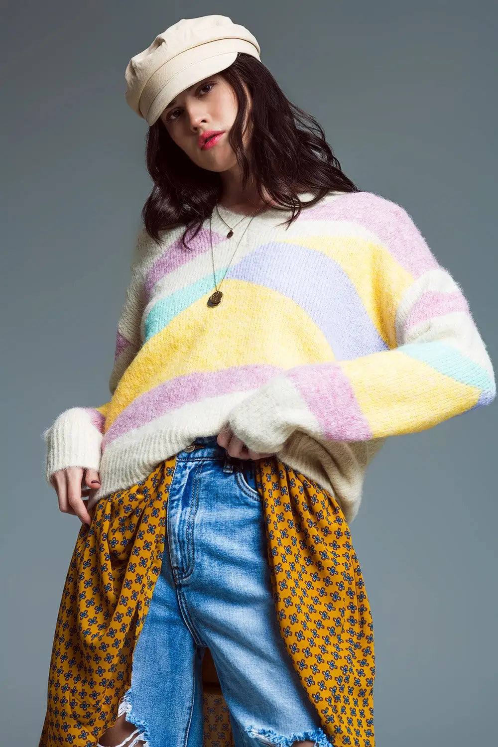 Relaxed V-neckline Sweater Beige With Abstract Stripes in Pastel Colors - BEIGE / ONE - Sweaters