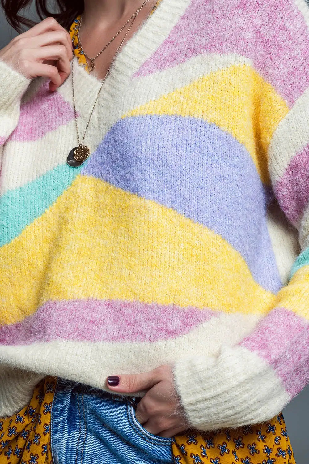 Relaxed V-neckline Sweater Beige With Abstract Stripes in Pastel Colors - BEIGE / ONE - Sweaters
