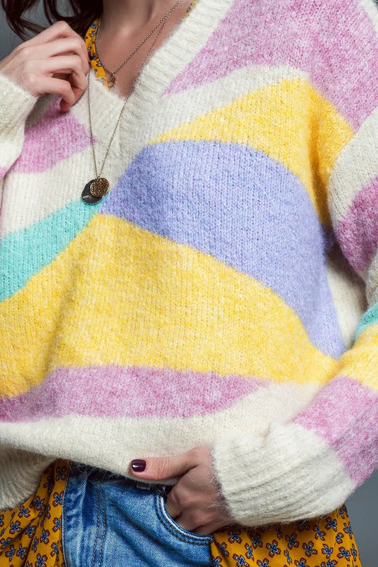 Relaxed V-neckline Sweater Beige With Abstract Stripes in Pastel Colors - BEIGE / ONE - Sweaters