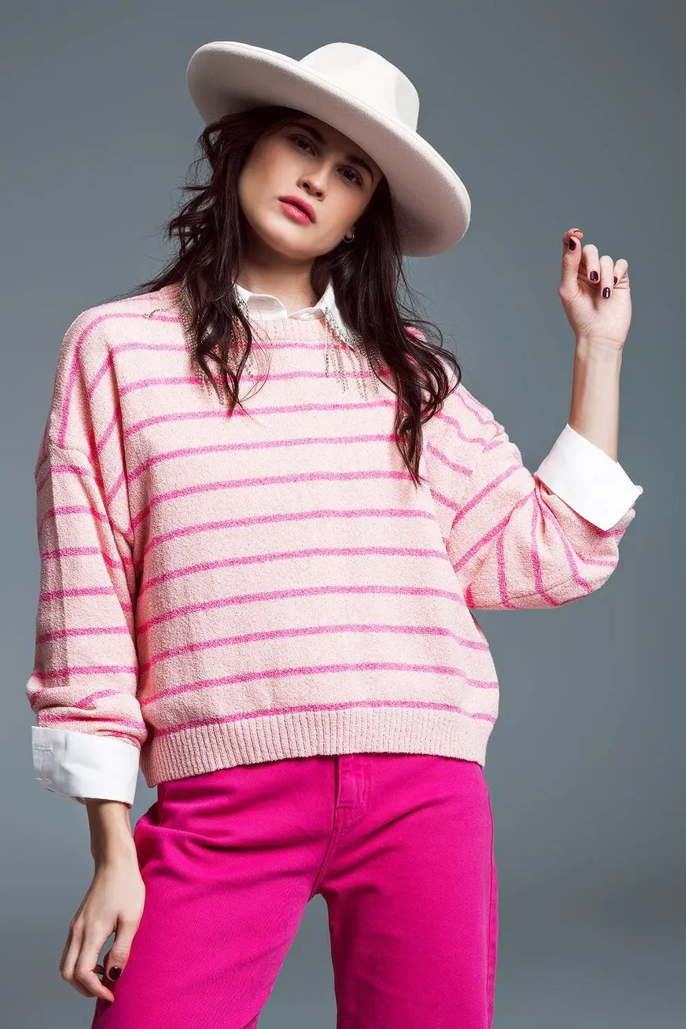 Sweater With Drop Shoulders with Fuchsia Stripes - Sweaters