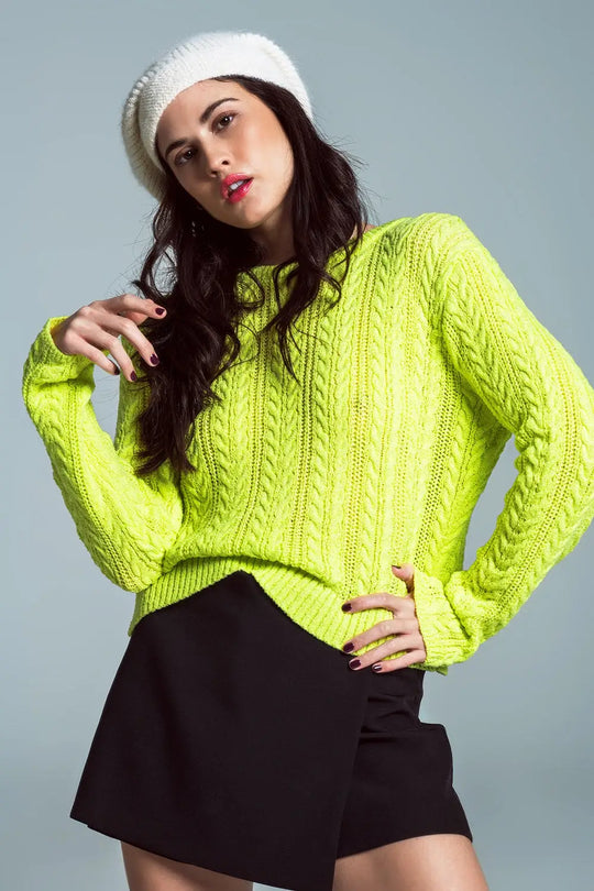 Lime green cable knit jumper with open back and bows - Sweaters