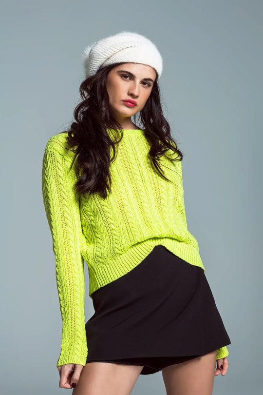 Lime green cable knit jumper with open back and bows - Sweaters