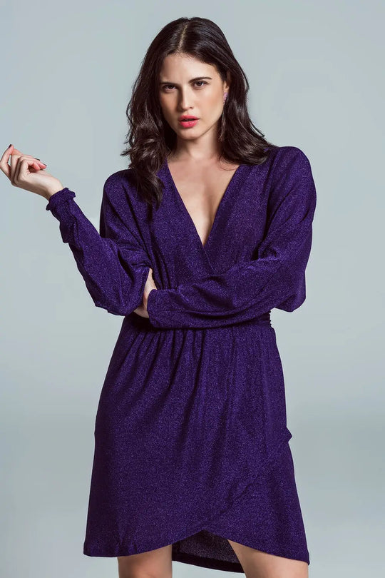 Mini length glitter dress with deep V neck in purple - Dresses