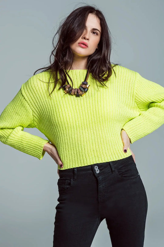 Relaxed Ribbed Boat Neck Sweater in Lime Green - Sweaters