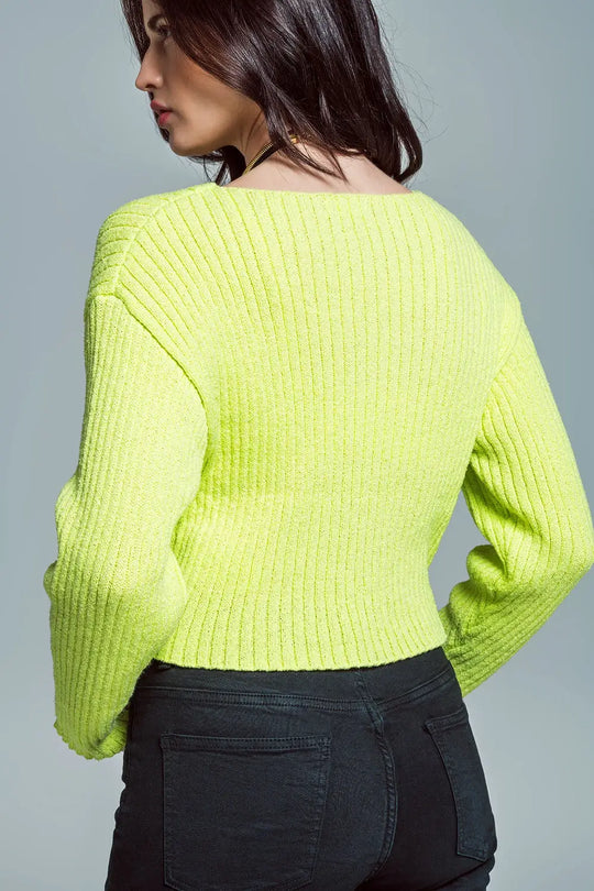 Relaxed Ribbed Boat Neck Sweater in Lime Green - Sweaters