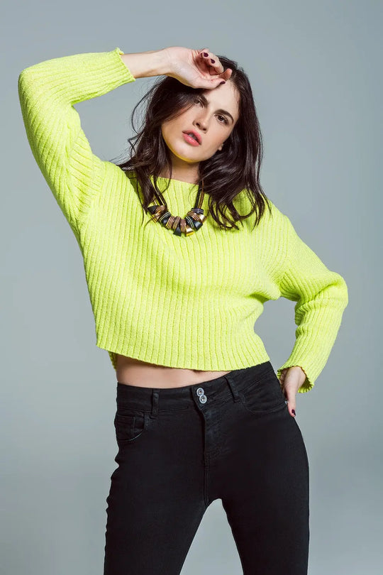 Relaxed Ribbed Boat Neck Sweater in Lime Green - Sweaters