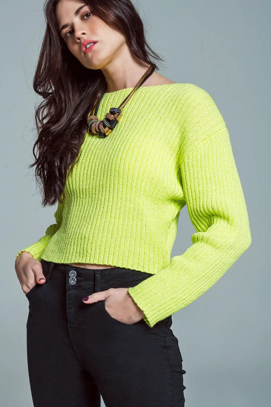 Relaxed Ribbed Boat Neck Sweater in Lime Green - Sweaters