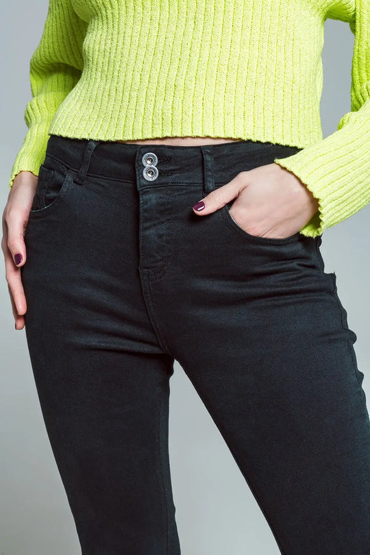 Skinny Flared Jeans With Double Button Detail in Black - Colored Jeans