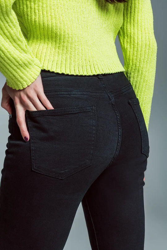 Skinny Flared Jeans With Double Button Detail in Black - Colored Jeans