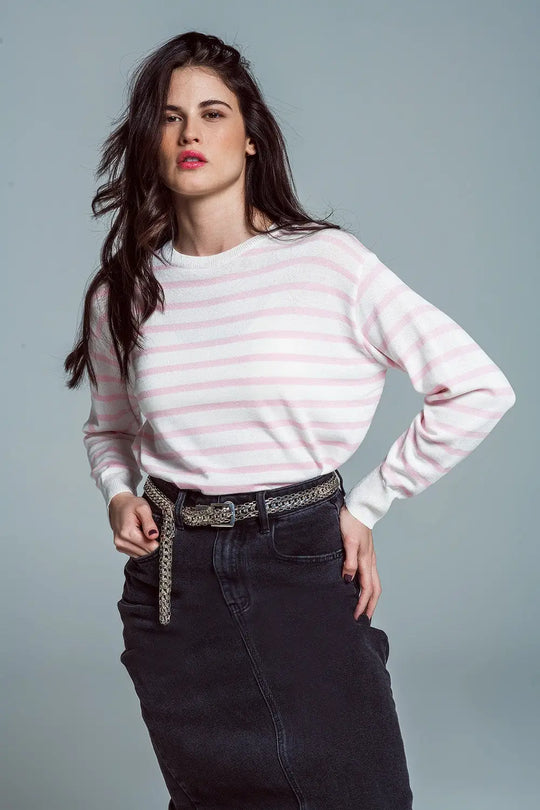 Crew Neck Basic Stripe Sweater in pink - Sweaters