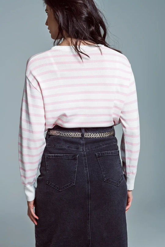 Crew Neck Basic Stripe Sweater in pink - Sweaters