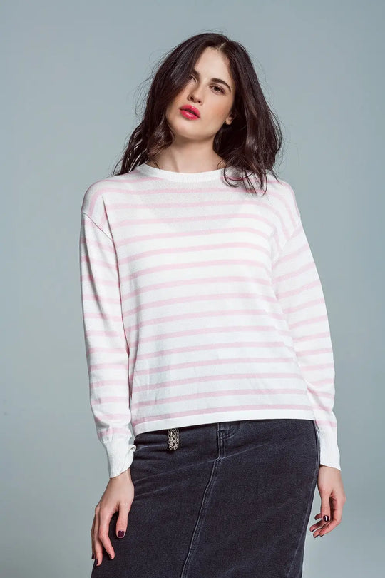 Crew Neck Basic Stripe Sweater in pink - Sweaters