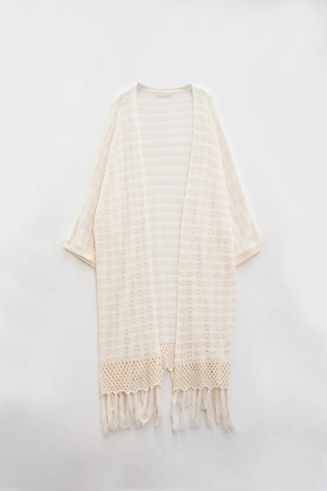 Cream Boho Style Cardigan With Stripes Pointelle Knit and Fringe Details - BEIGE / ONE - Cardigans