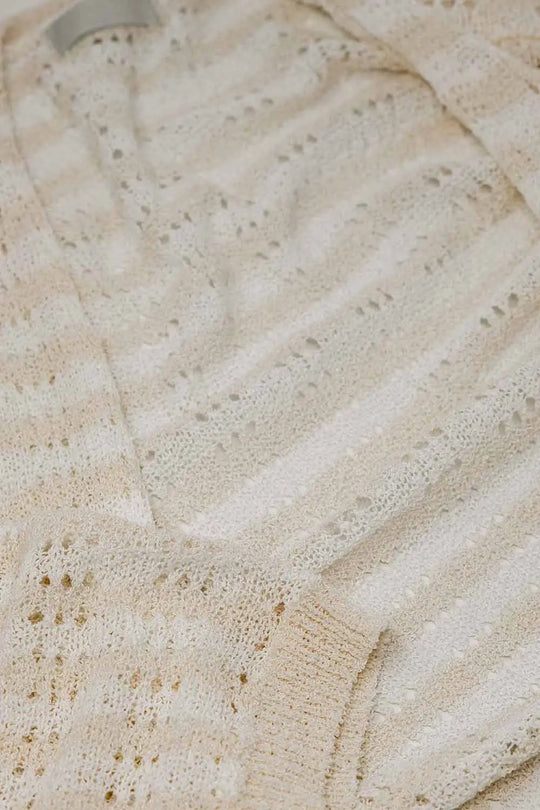 Cream Boho Style Cardigan With Stripes Pointelle Knit and Fringe Details - BEIGE / ONE - Cardigans