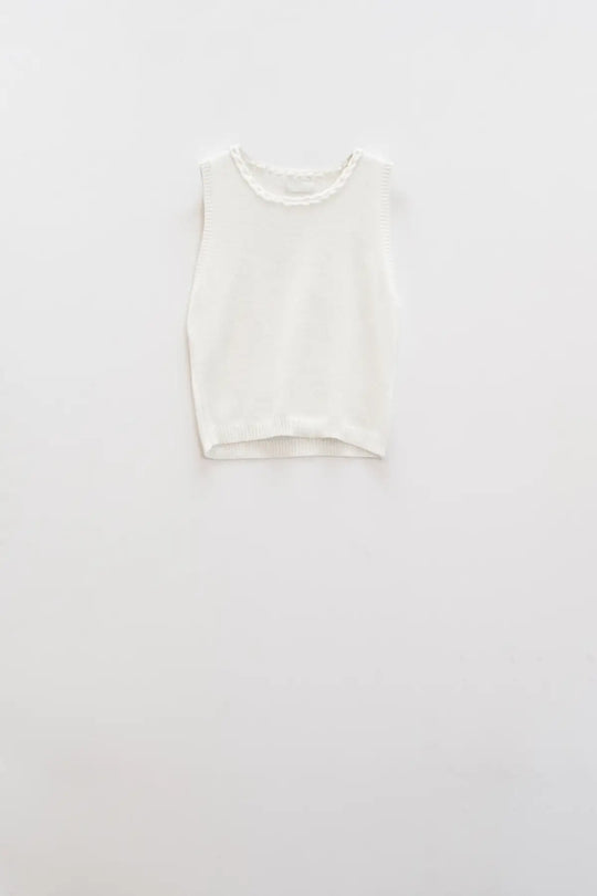 Sleeveless white Sweater With Crew Neckline And Braid Detail At Neckline - BEIGE / ONE - Sweaters