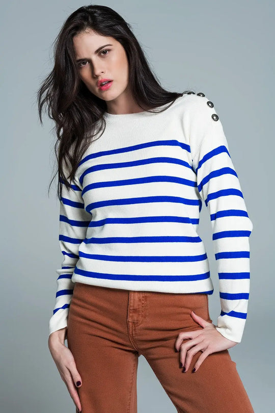 White sweater with buttons on shoulders and blue stripes - Sweaters