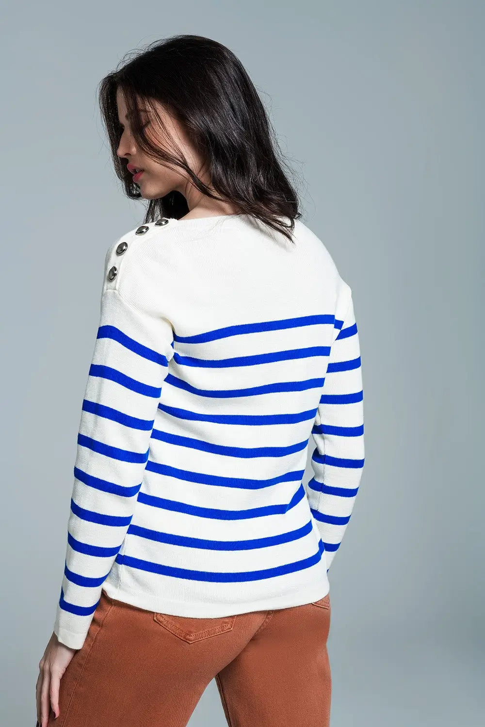 White sweater with buttons on shoulders and blue stripes - Sweaters