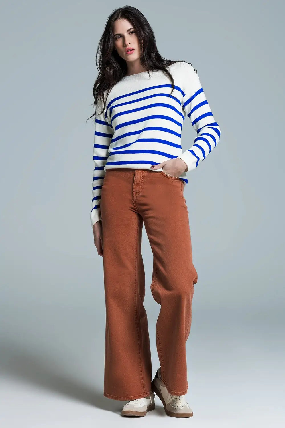 White sweater with buttons on shoulders and blue stripes - Sweaters