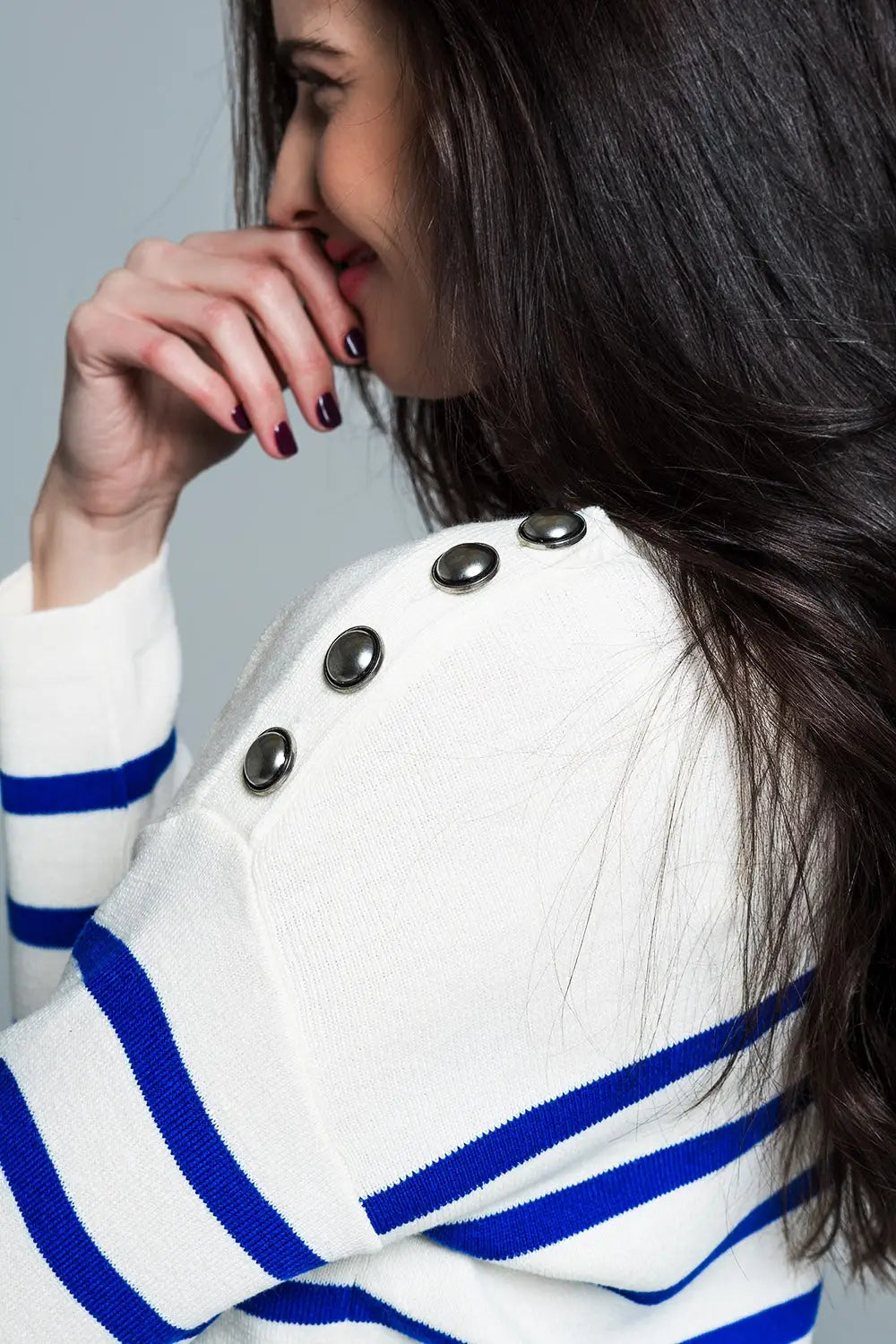 White sweater with buttons on shoulders and blue stripes - Sweaters