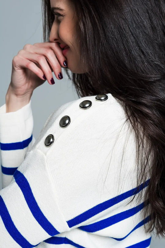 White sweater with buttons on shoulders and blue stripes - Sweaters