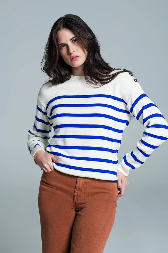 White sweater with buttons on shoulders and blue stripes - Sweaters