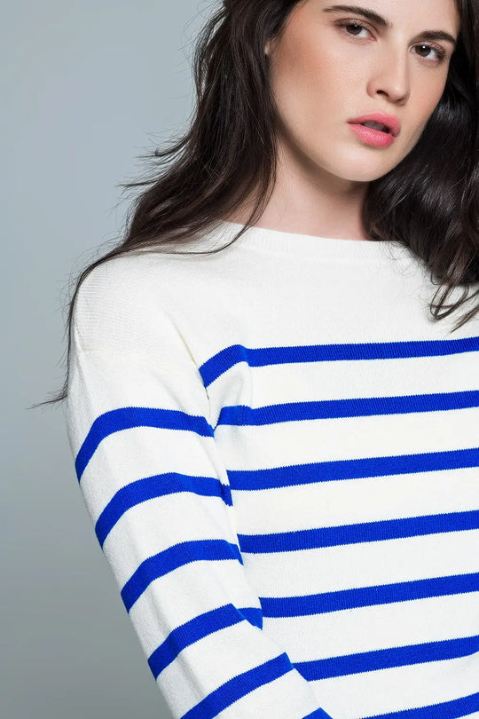 White sweater with buttons on shoulders and blue stripes - Sweaters