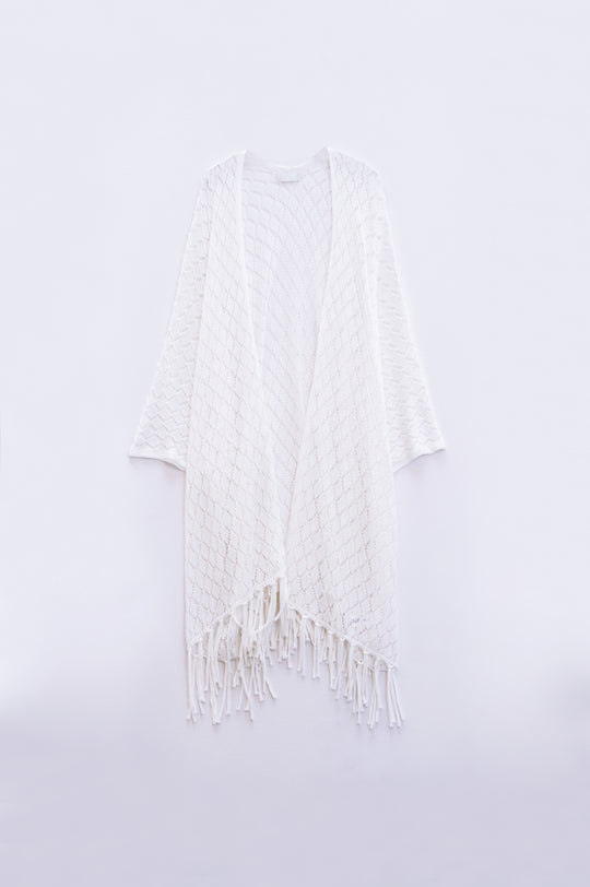 White Open Cardigan With Fringe Ends and 3/4 sleeves